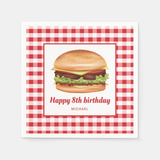 Hamburger On Red Gingham Pattern Happy Birthday Napkin