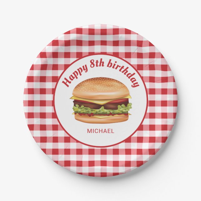 Hamburger On Red Gingham Pattern Happy Birthday Paper Plate (Front)