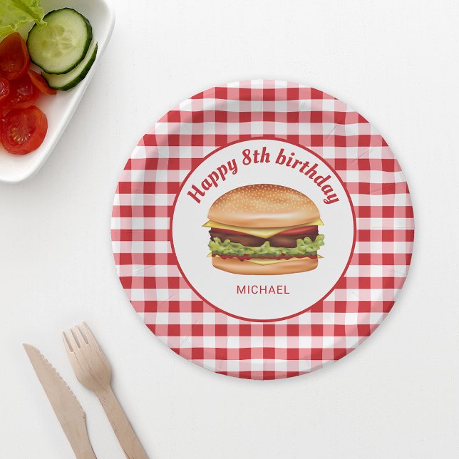 Hamburger On Red Gingham Pattern Happy Birthday Paper Plate (Ideal for birthday parties, backyard barbecues, family reunions or picnics, for example.)