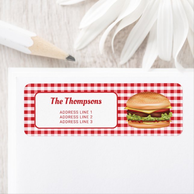 Hamburger On Red Gingham With Custom Text (Insitu)