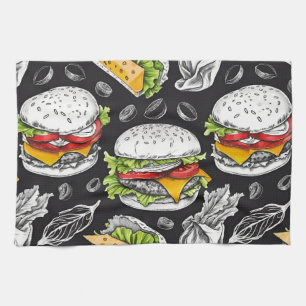 Hamburger vintage sketch by CallisC Arts ⭐⭐⭐⭐⭐ Tea Towel