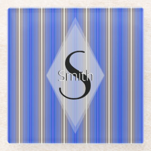 HAMbWG - Art Deco Blue Stripe with Monogram Glass Coaster