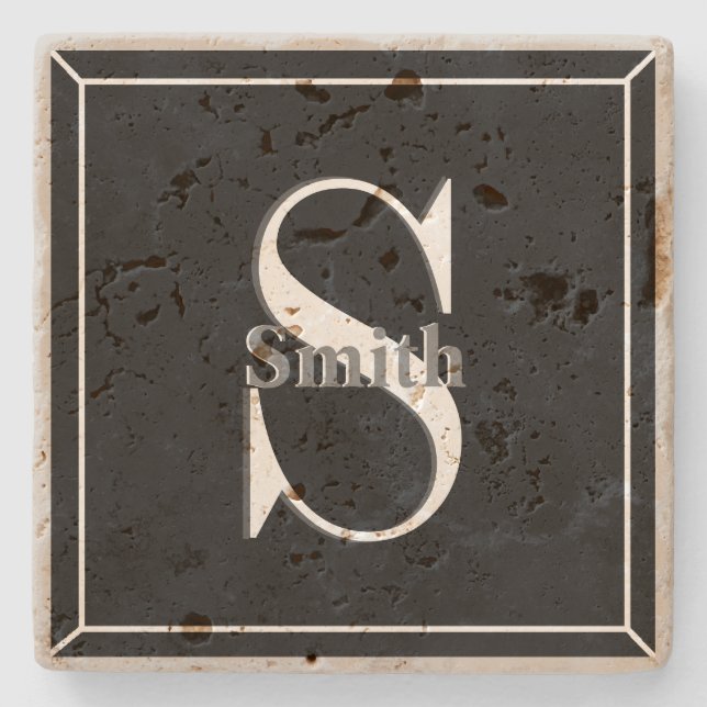 HAMbyWG Black Travertine Monogram Stone Coaster (Front)