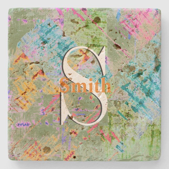 HAMbyWG Distressed Travertine Monogram Stone Coaster (Front)
