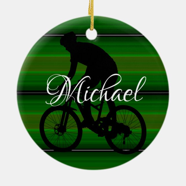 HAMbyWhiteGlove - Bicycle Rider - Green Ceramic Tree Decoration (Back)