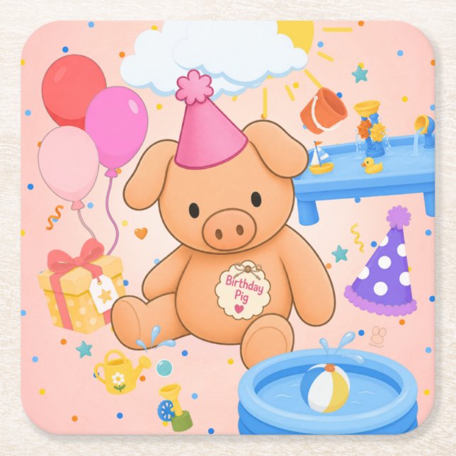 Hamhock's Pink Splashtastic! Storybook Square Paper Coaster (Front)