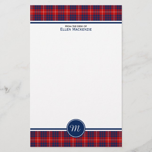 Hamilton Clan Red and Blue Tartan Monogram Stationery (Front)