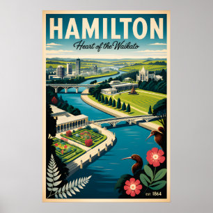 Hamilton New Zealand Retro Travel Poster Art