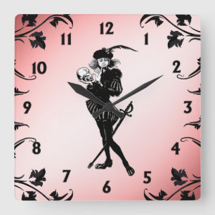 Hamlet The Bard Pink Black Numbers Square Wall Clock