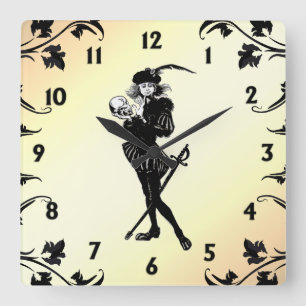 Hamlet The Bard Yellow Black Numbers Square Wall Clock