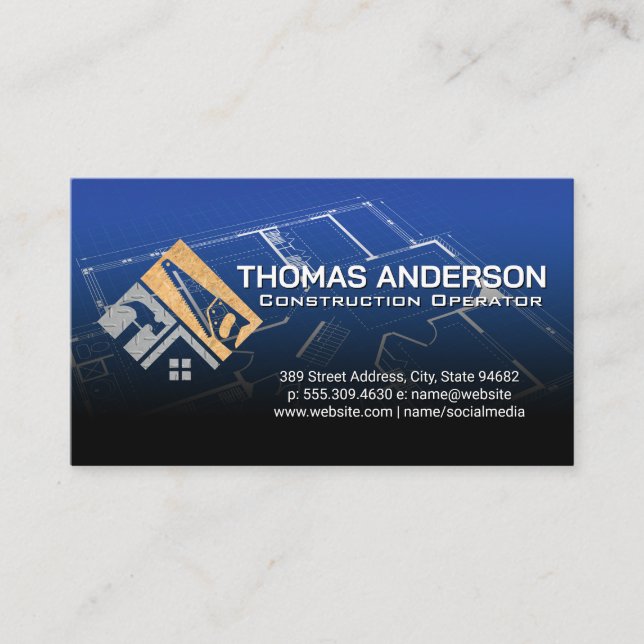 Hammer Saw Logo | Construction | Blueprints Business Card (Front)