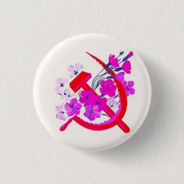Hammer & Sickle pink w/ flowers 3 Cm Round Badge (Front)