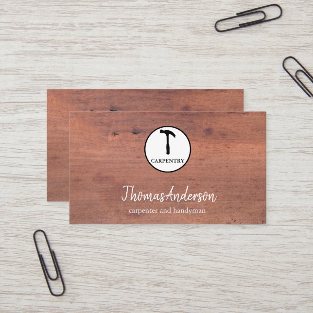 Hammer Wooden Carpenter Construction Business Card (Front/Back In Situ)