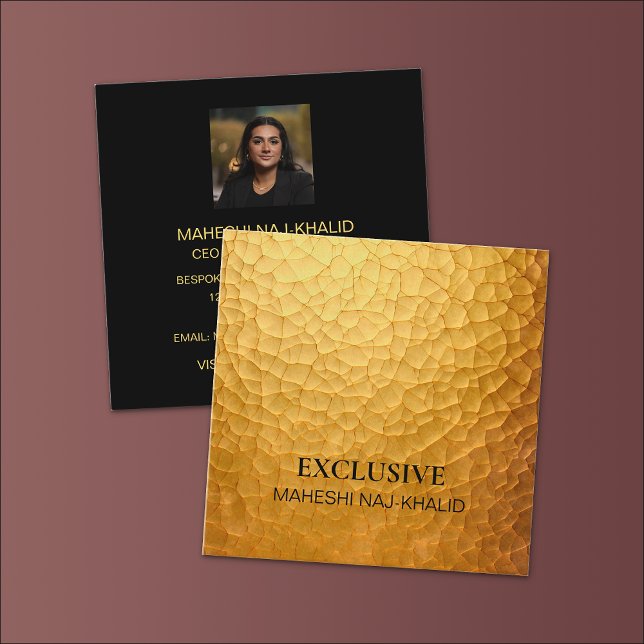 Hammered Gold Black Stylish Exclusive Photo Square Business Card (Creator Uploaded)