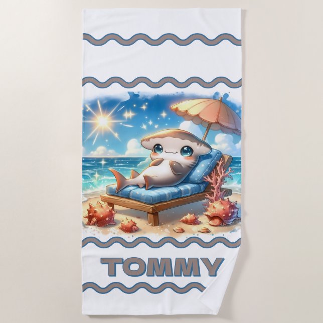 Hammerhead Haven: A Beachside Escape Personalised  Beach Towel (Front)