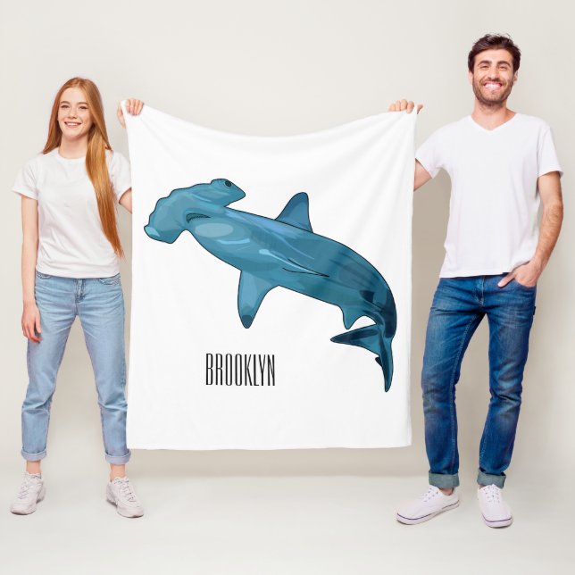 Hammerhead shark cartoon illustration fleece blanket (In Situ)