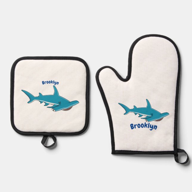 Hammerhead shark cartoon illustration oven mitt & pot holder set (Front)
