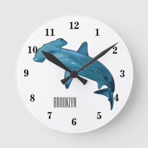 Hammerhead shark cartoon illustration round clock