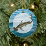 Hammerhead Shark Sea Life Ceramic Tree Decoration<br><div class="desc">A hammerhead shark illustration against an ocean swell background.</div>