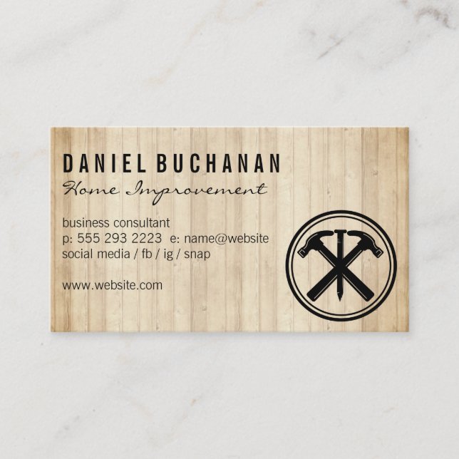 Hammers and Nail | Carpentry | Wood Business Card (Front)