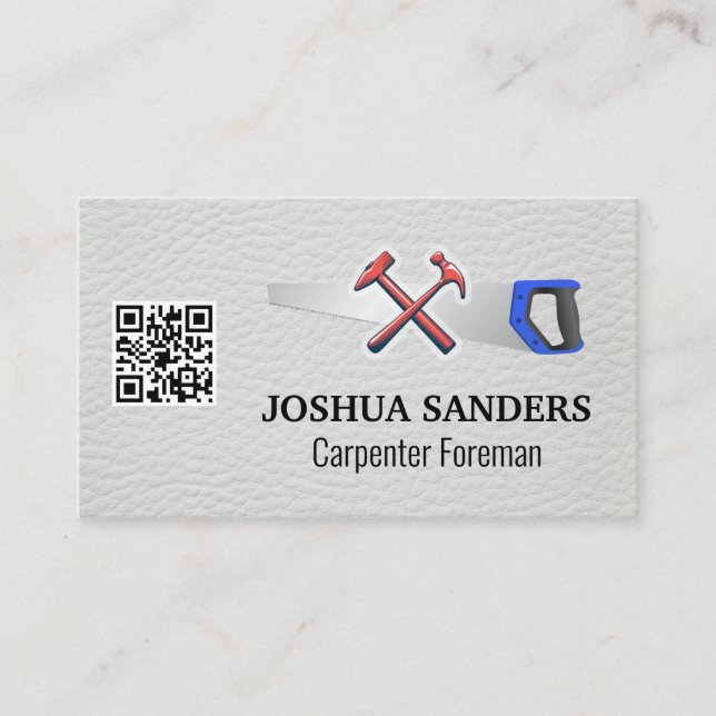 Hammers and Saw | White Leather | QR Code Business Card (Front)