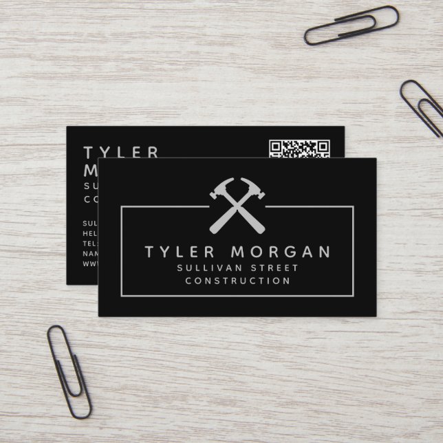 Hammers Silver Black QR Code Construction  Business Card (Front/Back In Situ)