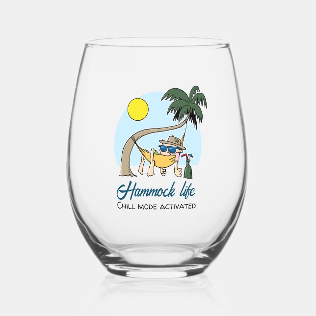 Hammock Life Chill Mode Activated Funny Cartoon Stemless Wine Glass (Front)