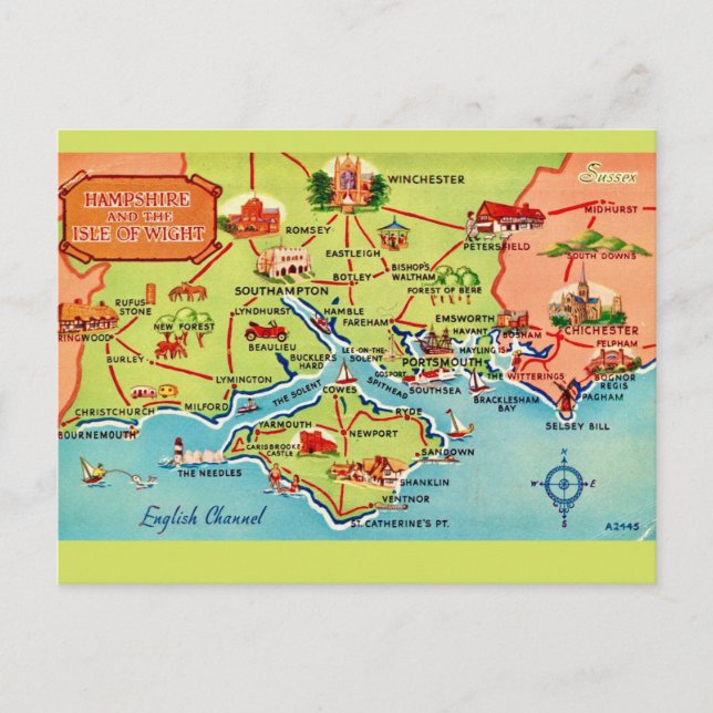 Hampshire & Isle of Wight Map Postcard (Front)
