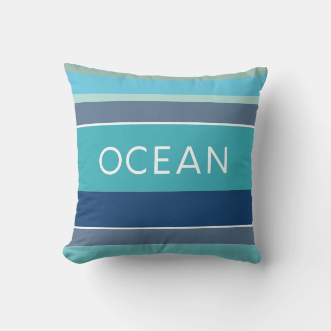 Hamptons Beach House Ocean Blue Striped Cushion (Front)