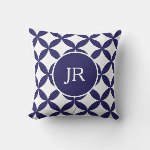 Hamptons Blue and White Geometric Circle Pattern Cushion