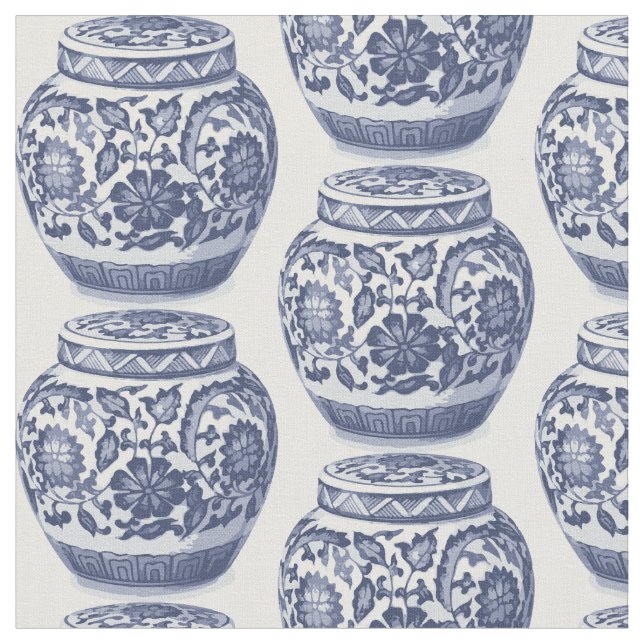 Hamptons Blue and White Ginger Jar Vase Pattern Fabric (Close Up)