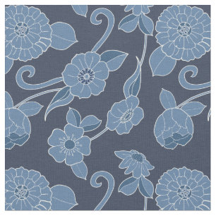 Hamptons Blue White Bold Floral Pattern Fabric