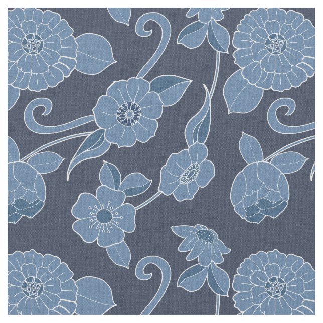 Hamptons Blue White Bold Floral Pattern Fabric (Close Up)