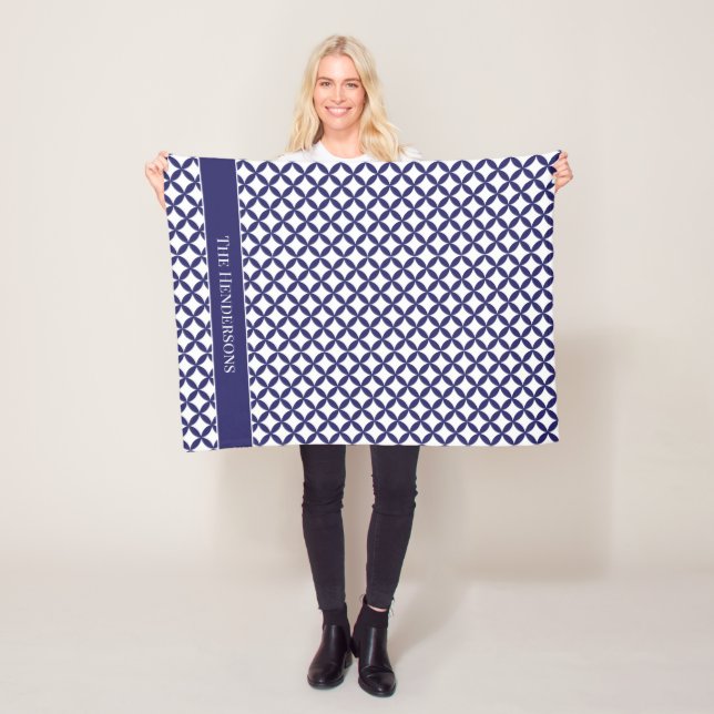 Hamptons Blue White Stylish Geometric Patterned Fleece Blanket (In Situ)