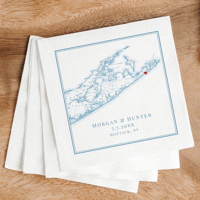 Hamptons Montauk Elegant Oyster Blue Wedding Napkin (Elegant Montauk NY Wedding napkins in Oyster Blue with Hamptons map by Coastal Map Designs)