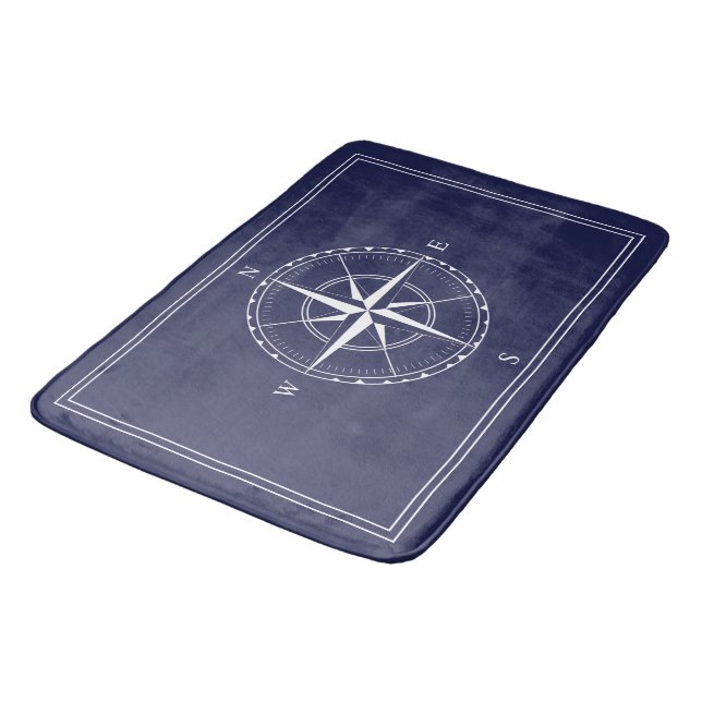 Hamptons Navy and White Nautical Ship Compass Rose Bath Mat (Angled)