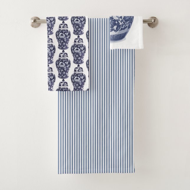 Hamptons Navy Indigo Blue White Ginger Jar Pattern Bath Towel Set (Insitu)