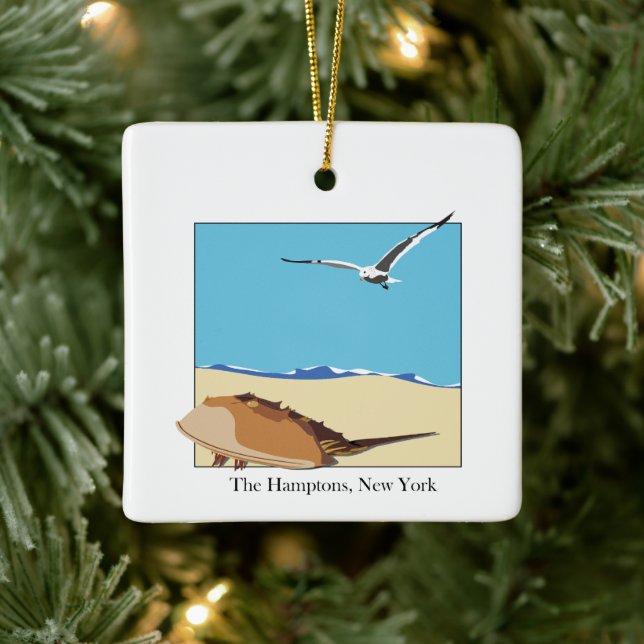 Hamptons, NY Horseshoe Crab Sea Gull Beach Ceramic Ornament (Tree)