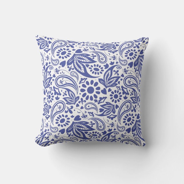 Hampton's Style Blue and White Paisley Patterned Cushion (Front)