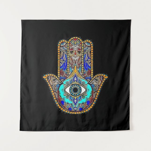 Hamsa Design Black Backdrop Tapestry (Front)