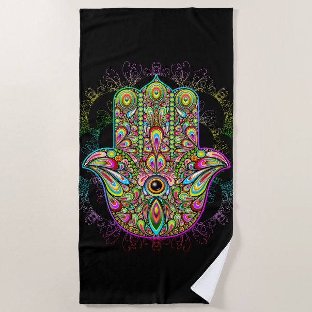 Hamsa Fatma Hand Psychedelic Art Beach Towel (Front)
