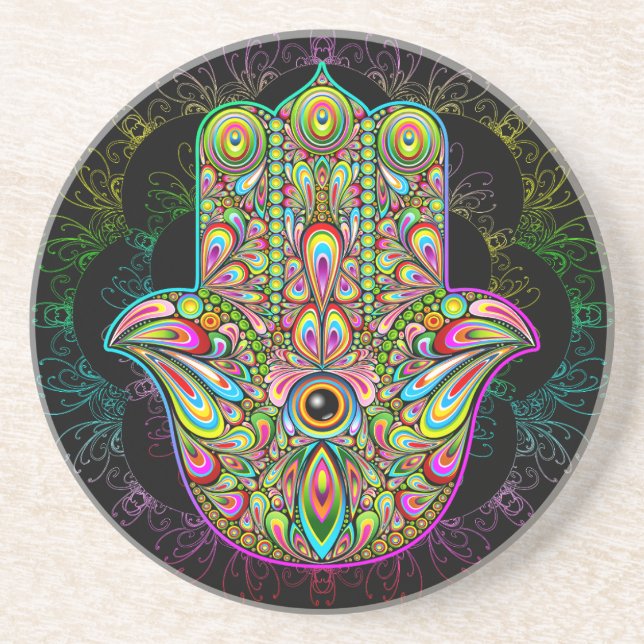 Hamsa Fatma Hand Psychedelic Art Coaster (Front)