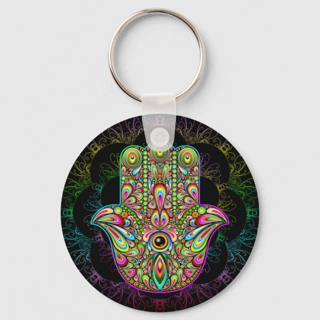 Hamsa Fatma Hand Psychedelic Art Key Ring (Front)