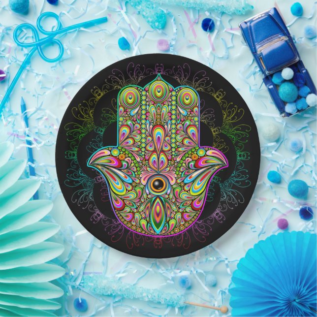 Hamsa Fatma Hand Psychedelic Art Paper Plate (Party)