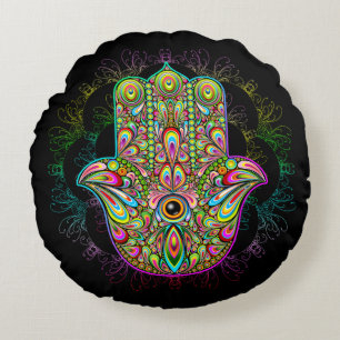 Hamsa Fatma Hand Psychedelic Art Round Cushion