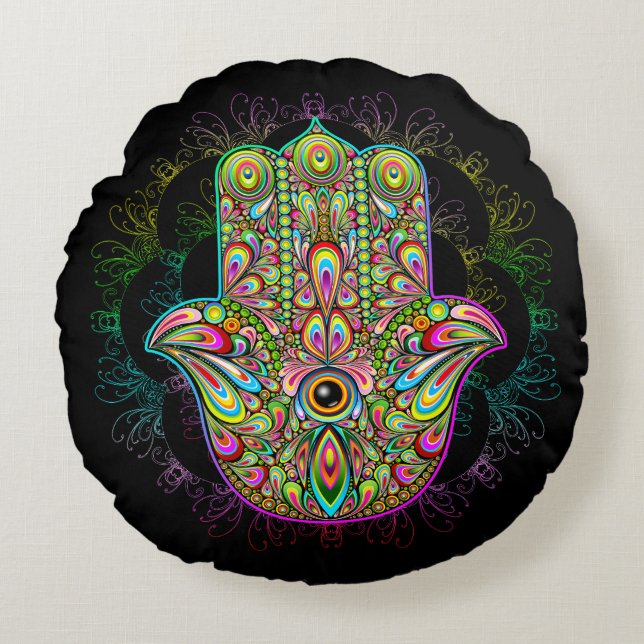 Hamsa Fatma Hand Psychedelic Art Round Cushion (Front)