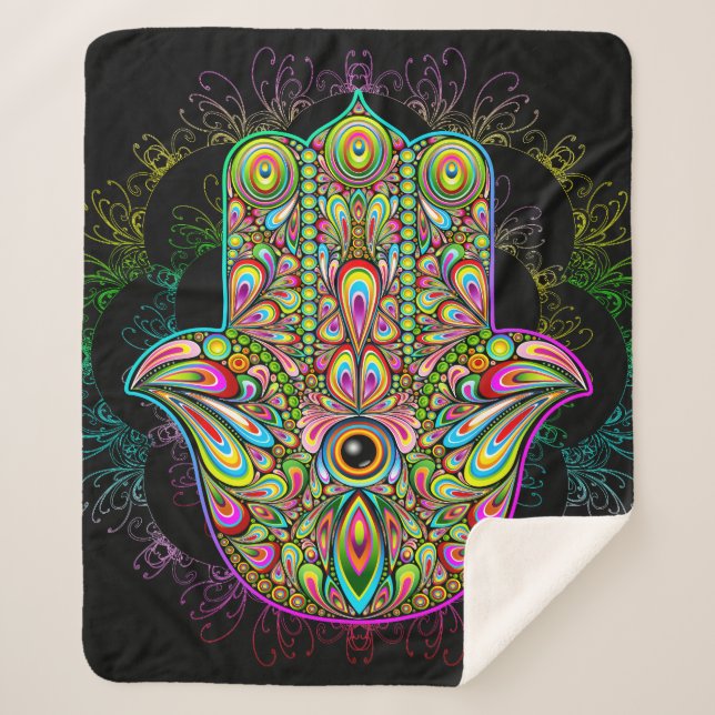 Hamsa Fatma Hand Psychedelic Art Sherpa Blanket (Front)