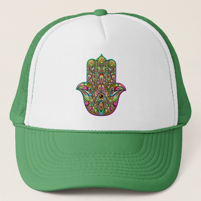 Hamsa Fatma Hand Psychedelic Art Trucker Hat (Front)