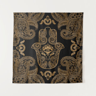 Hamsa Hand Black and gold Ornament Tapestry