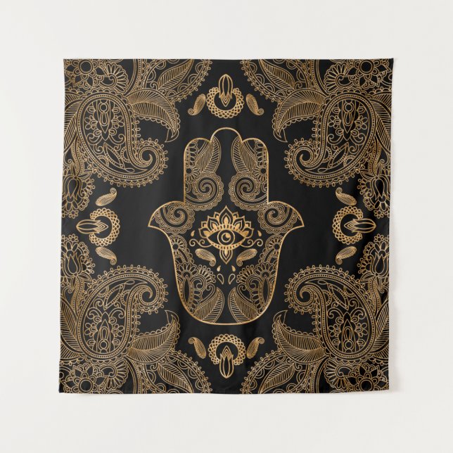 Hamsa Hand Black and gold Ornament Tapestry (Front)